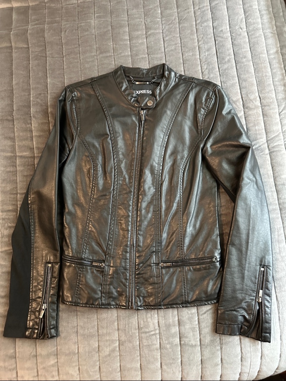 Express Black Faux Leather Moto Jacket with Zip Details
